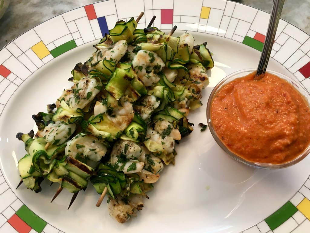 Grilled Shrimp & Zucchini Ribbon Skewers with Romesco&nbsp;Sauce
